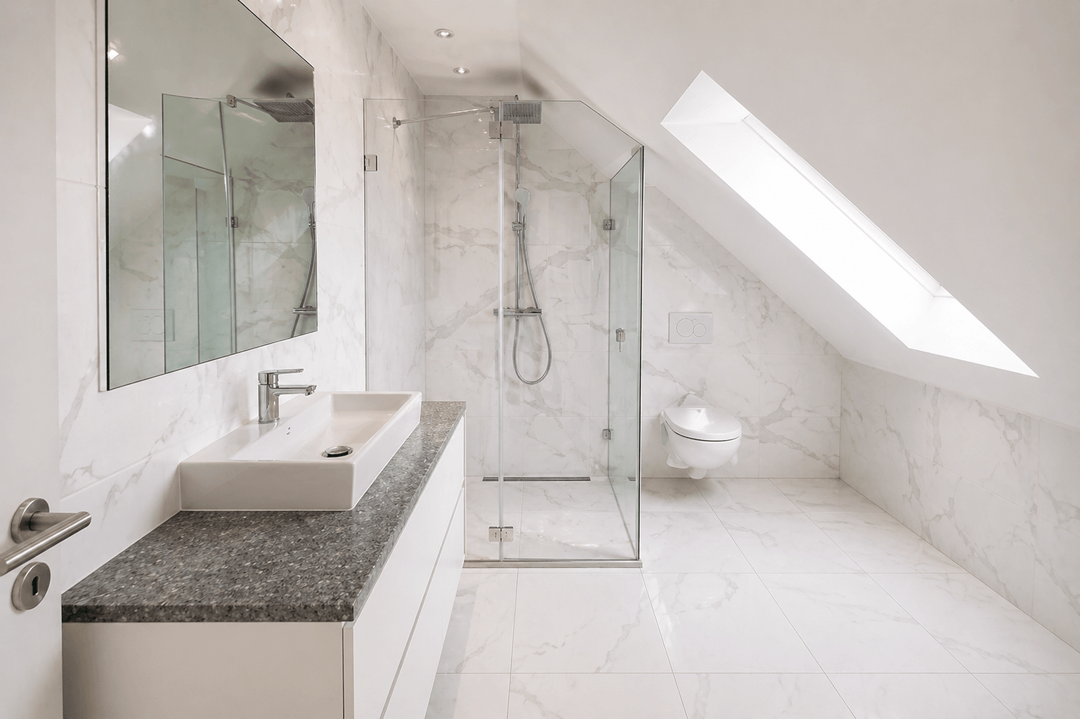 Pose de marbre Calacatta Oro grand format dans une salle de bain haut de gamme rénovée à Strassen Luxembourg